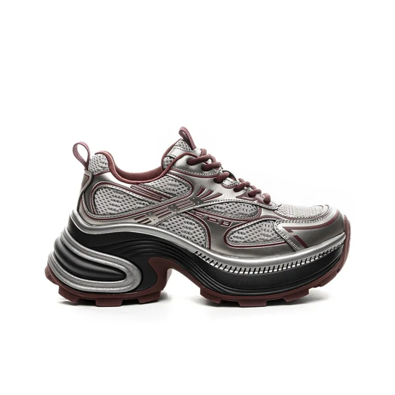 BENZI Chunky Sneakers Women's Low Top Gunmetal Gray/Ancora Red/Champagne-8
