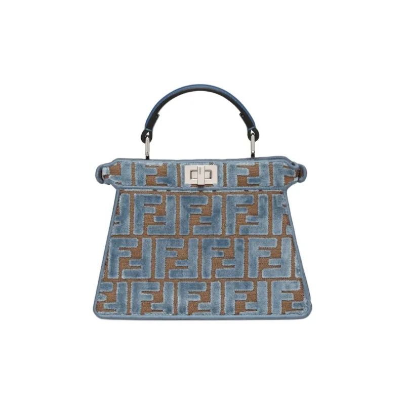 FENDI Peekaboo ISeeU FF Jacquard Velvet Shoulder Bag, Crossbody Bag, Handbag Small Size Women's Light Blue-2