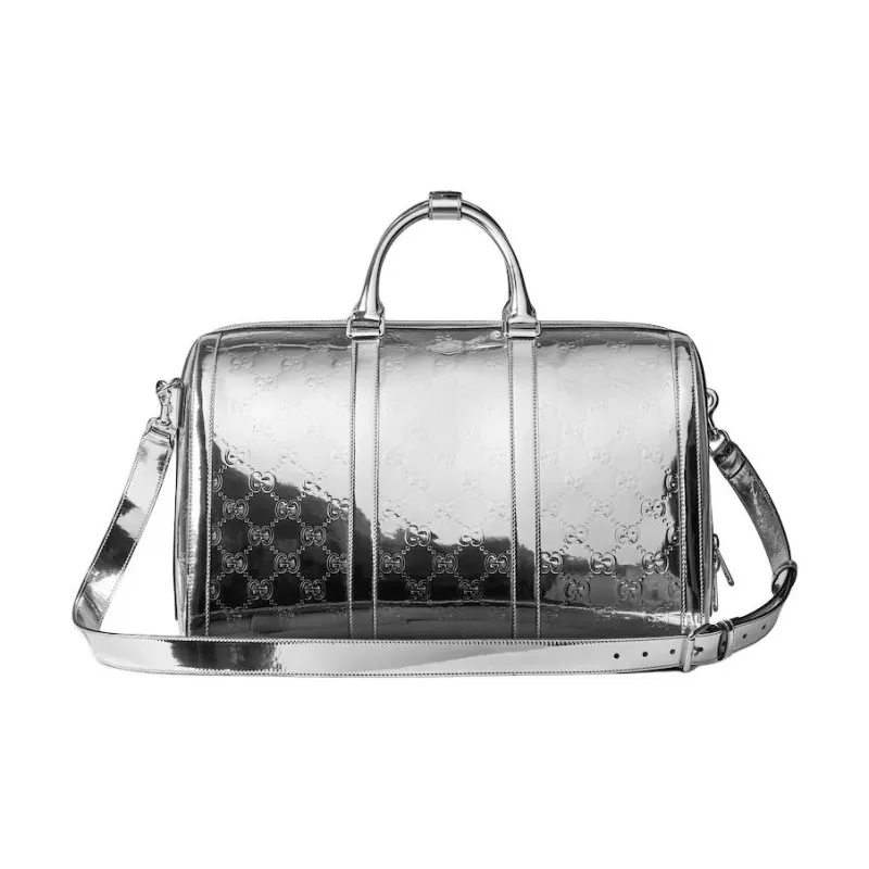 GUCCI Metallic Silver Mirror Finish Effect Fabric Shoulder Bag, Crossbody Bag, Handbag Medium Size Men's Silver-3