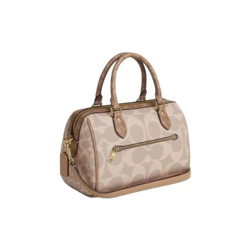 COACH Rowan Leather Boston Bag, Shoulder Bag, Crossbody Bag, Handbag Tubas Women's Beige & Brown-1