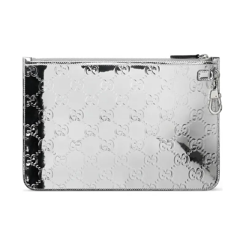 GUCCI Silver Mirror Finish Effect Fabric Clutch Large Size Men's Silver-3