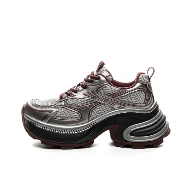 BENZI Chunky Sneakers Women's Low Top Gunmetal Gray/Ancora Red/Champagne-7