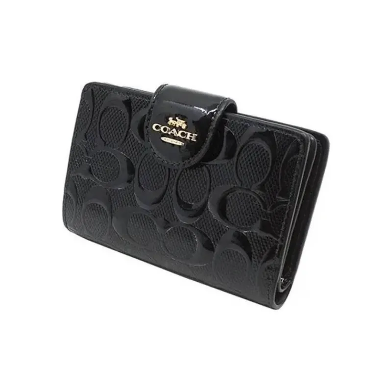 COACH Patent Leather Calfskin Coin Purse, Card Holder Medium Size Women's Black-3