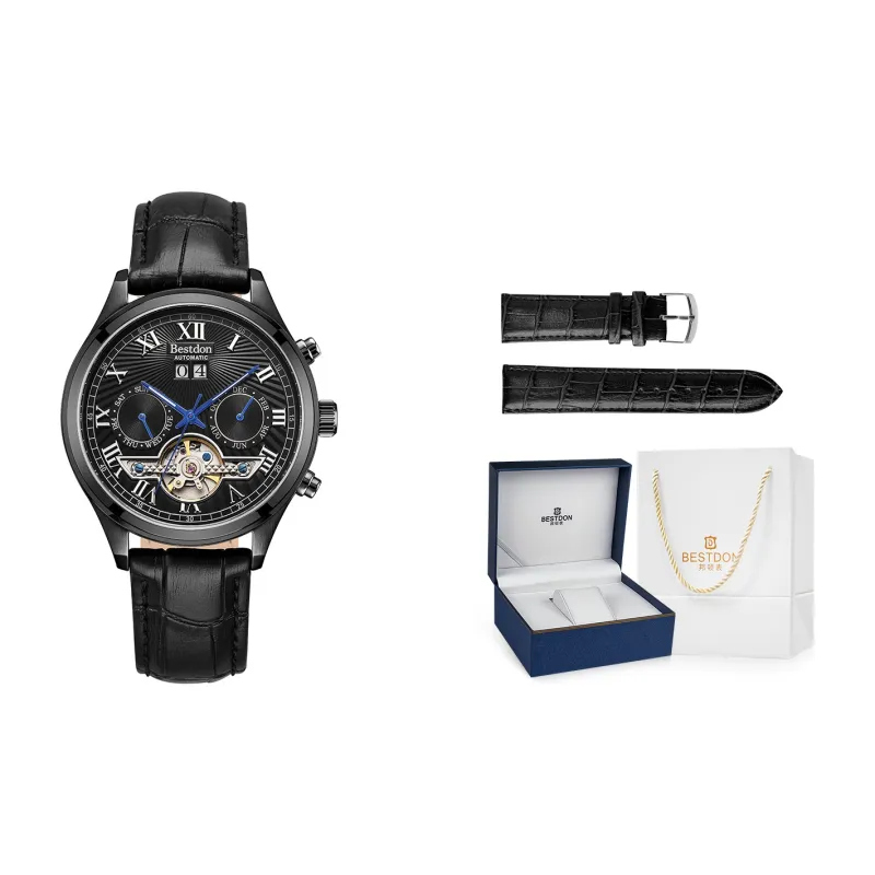 Bestdon Automatic Mechanical Movement Genuine Leather Strap Men's Watches Black Dial-0