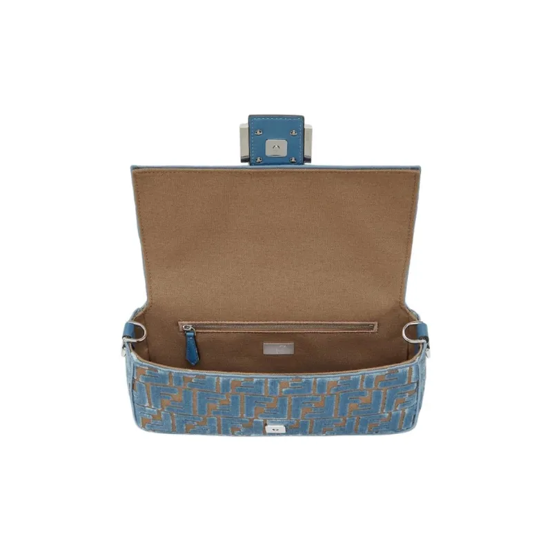 FENDI Baguette Velvet Shoulder Bag Crossbody Bag Handbag Medium Size Women's Light Blue-3