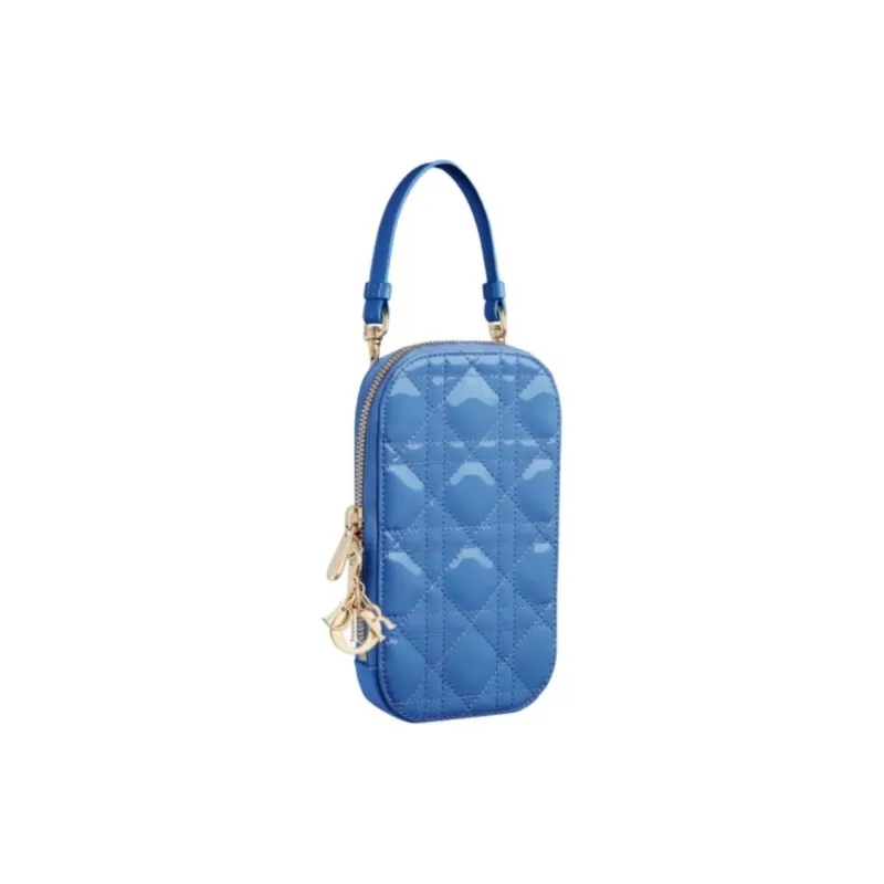 DIOR Lady Dior Patent Leather One Shoulder Crossbody Portable Cell Phone Pouch Women's Cornflower Blue-2