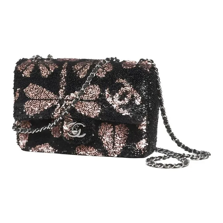 CHANEL Classic Flap CF Ruthenium Plated, Leather Handbag, Shoulder Bag, Crossbody Bag Trumpets Women's Black And Pink-1