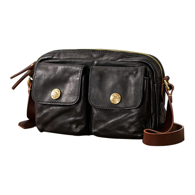 Back Step Top Grain Cow Leather Shoulder Bag Crossbody Bag Unisex Black-1