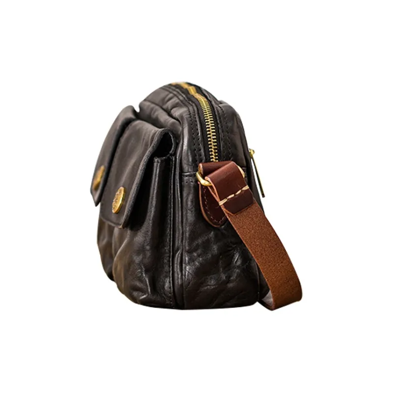 Back Step Top Grain Cow Leather Shoulder Bag Crossbody Bag Unisex Black-3