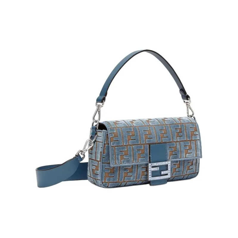 FENDI Baguette Velvet Shoulder Bag Crossbody Bag Handbag Medium Size Women's Light Blue-1