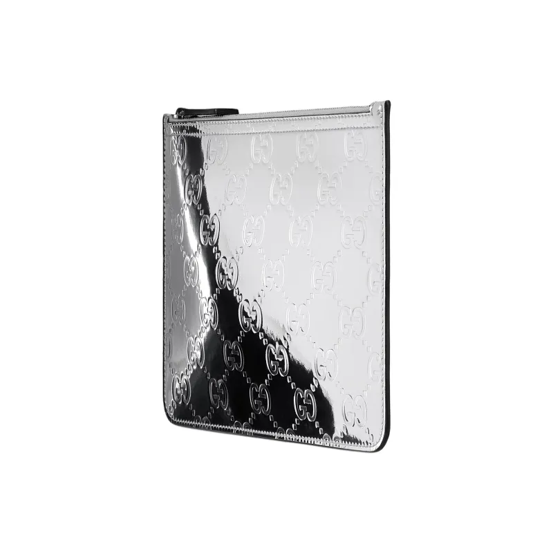 GUCCI Mirror Finish Effect Fabric Clutch Medium Size Unisex Metal Silver-1