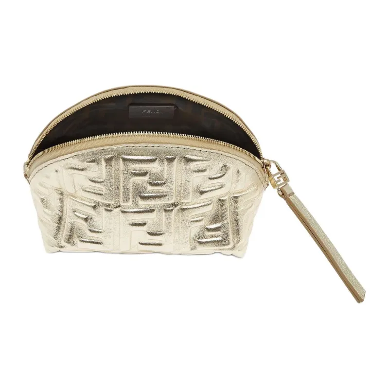 FENDI Baguette Calfskin Makeup Bag Trumpets Women's Gold-2