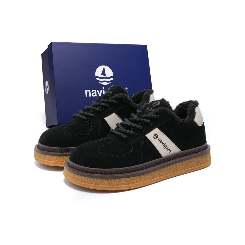 NAVIGARE Italy Version Small Sailboat Height Increasing Low Top Fleece Lined Skateboard Shoes Women's Black-5