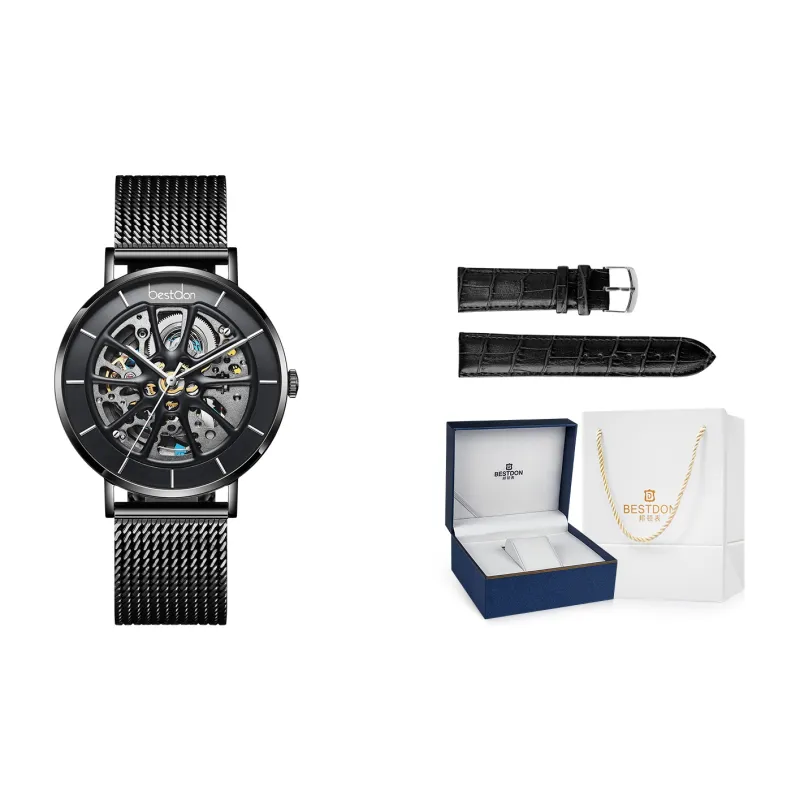 Bestdon Automatic Mechanical Movement Stainless Steel Watchband Watch Men's Watches Black Dial-0