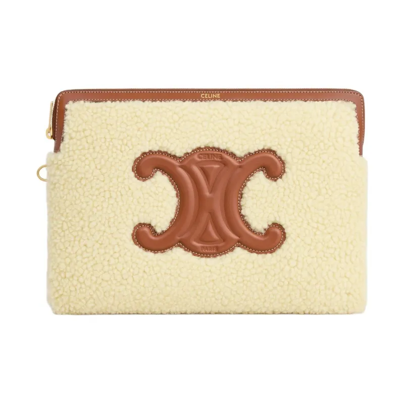 CELINE Shearling With Calfskin Trim Clutch Small Size Women's Light Umber-1