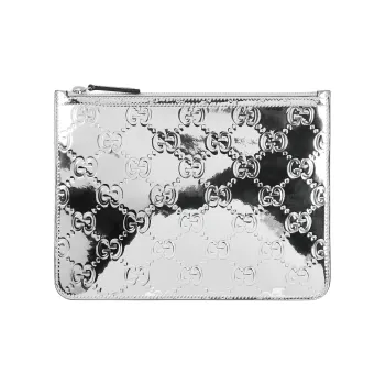 GUCCI Mirror Finish Effect Fabric Clutch Medium Size Unisex Metal Silver