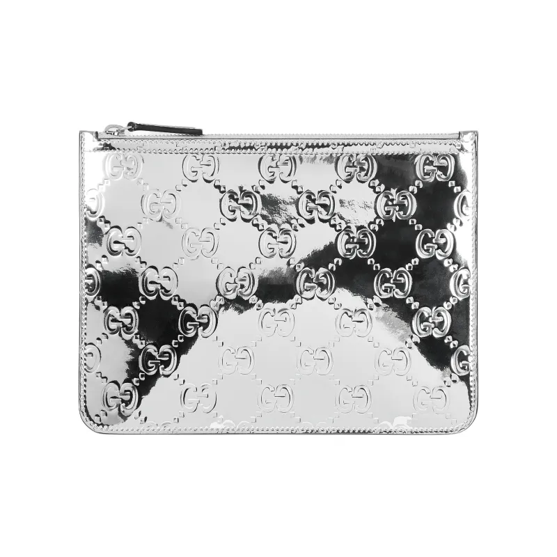 GUCCI Mirror Finish Effect Fabric Clutch Medium Size Unisex Metal Silver-0