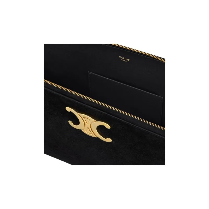 CELINE Triomphe Cow Leather Suede Clutch Women's Black-3