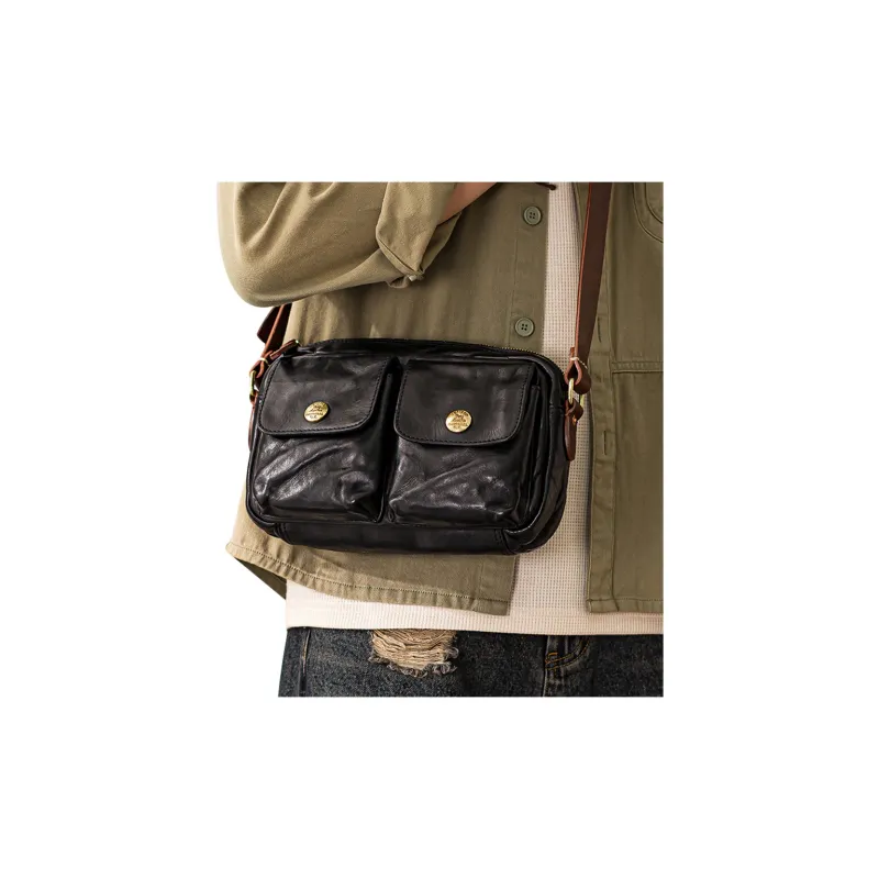 Back Step Top Grain Cow Leather Shoulder Bag Crossbody Bag Unisex Black-5