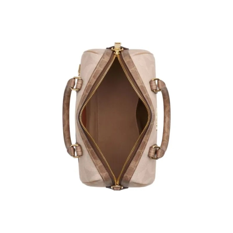 COACH Rowan Leather Boston Bag, Shoulder Bag, Crossbody Bag, Handbag Tubas Women's Beige & Brown-2