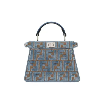 FENDI Peekaboo ISeeU FF Jacquard Velvet Shoulder Bag, Crossbody Bag, Handbag Small Size Women's Light Blue