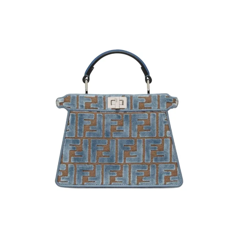 FENDI Peekaboo ISeeU FF Jacquard Velvet Shoulder Bag, Crossbody Bag, Handbag Small Size Women's Light Blue-0