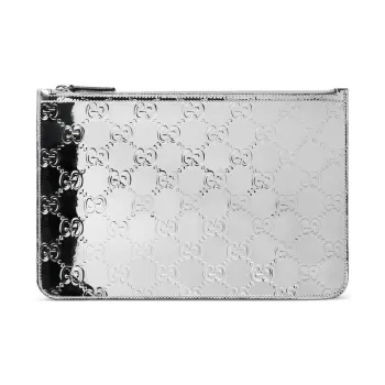 GUCCI Silver Mirror Finish Effect Fabric Clutch Large Size Men's Silver