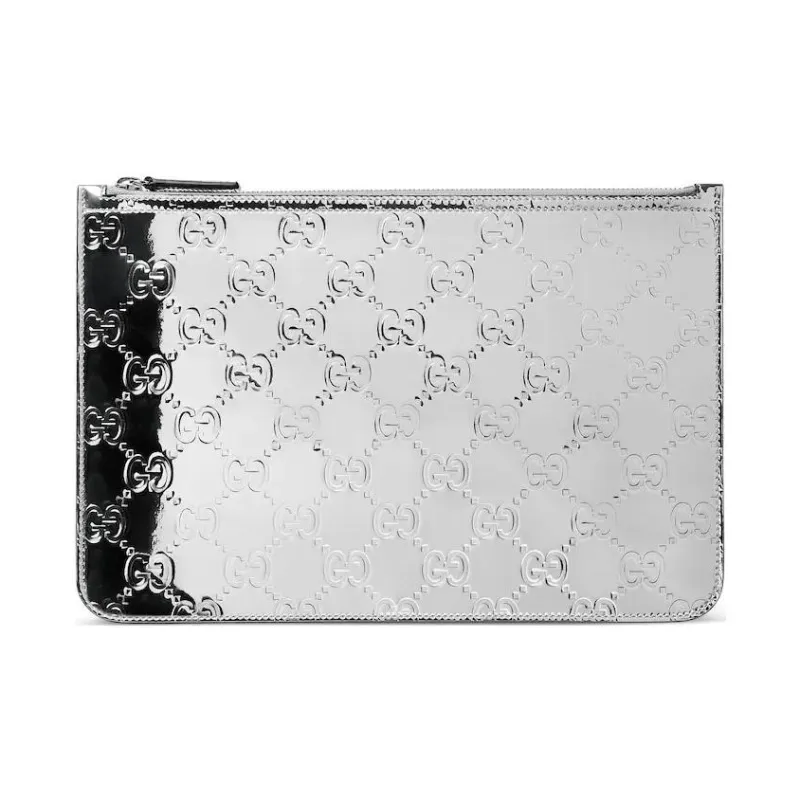 GUCCI Silver Mirror Finish Effect Fabric Clutch Large Size Men's Silver-0