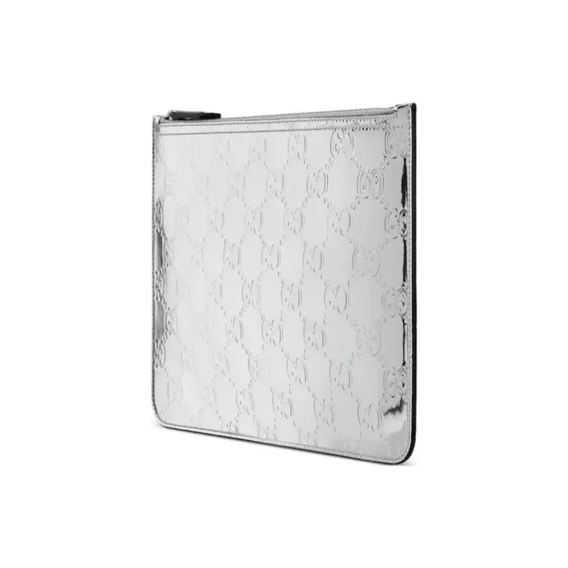 GUCCI Silver Mirror Finish Effect Fabric Clutch Large Size Men's Silver-1