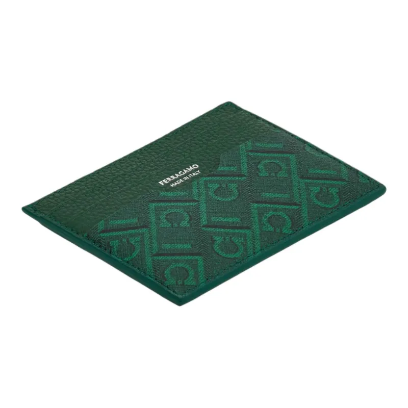 FERRAGAMO Hammered Calfskin With Coated Fabric Card Holder Men's Green Forest-2