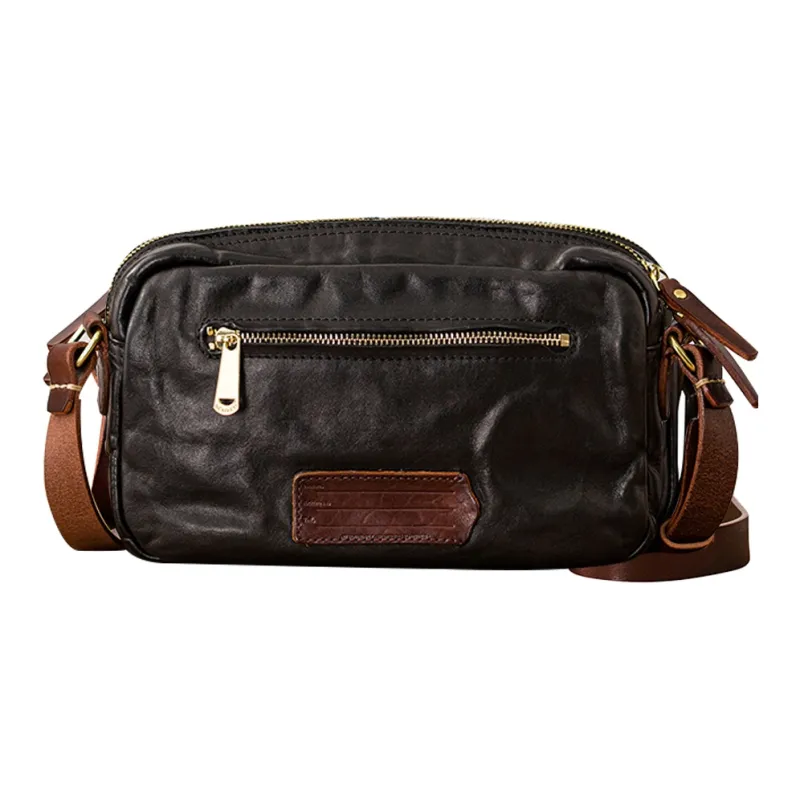 Back Step Top Grain Cow Leather Shoulder Bag Crossbody Bag Unisex Black-2