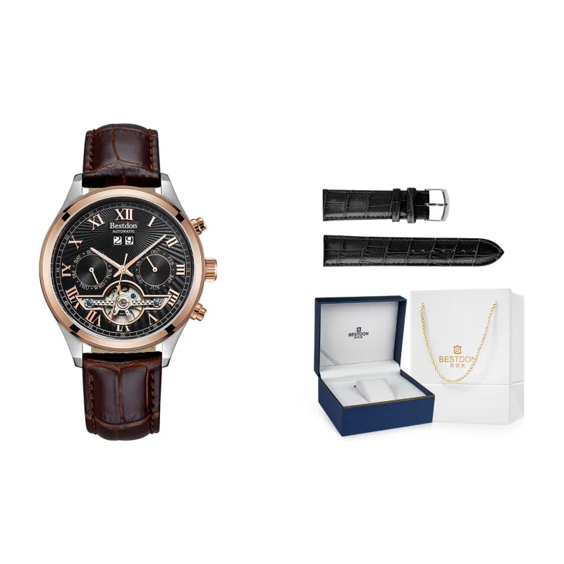 Bestdon Automatic Mechanical Movement Genuine Leather Strap Men's Watches Black Dial-2