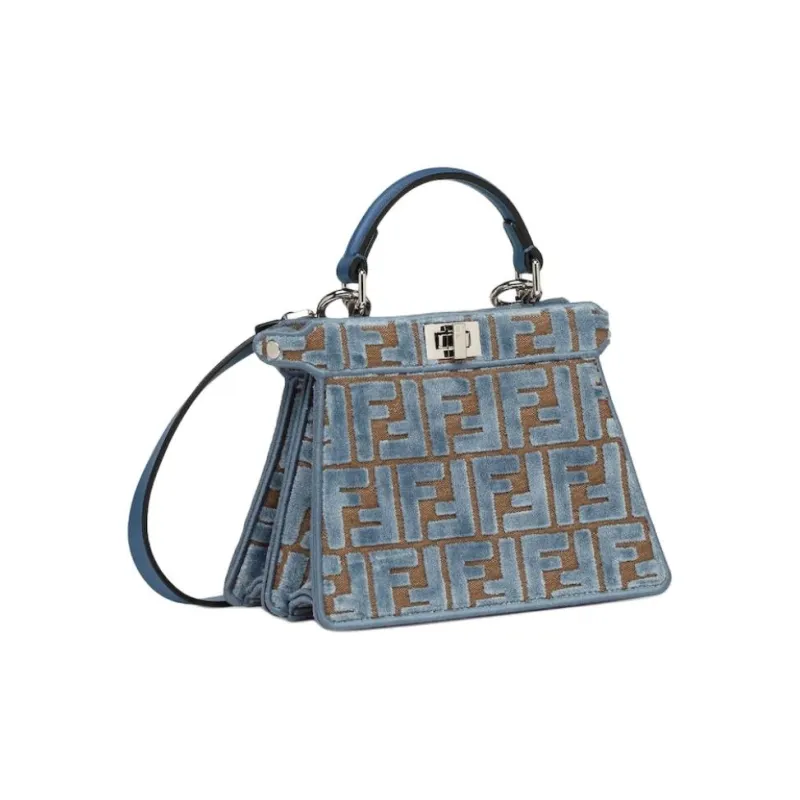 FENDI Peekaboo ISeeU FF Jacquard Velvet Shoulder Bag, Crossbody Bag, Handbag Small Size Women's Light Blue-1
