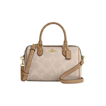 COACH Rowan Leather Boston Bag Shoulder Bag Crossbody Bag Handbag Large Size Women's Beige & Brown