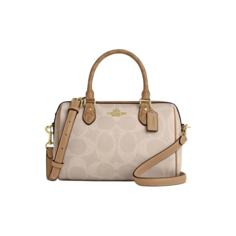 COACH Rowan Leather Boston Bag, Shoulder Bag, Crossbody Bag, Handbag Tubas Women's Beige & Brown-0