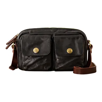 Back Step Top Grain Cow Leather Shoulder Bag Crossbody Bag Unisex Black