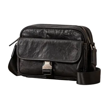 Back Step Top Grain Cow Leather Shoulder Bag Crossbody Bag Unisex Black