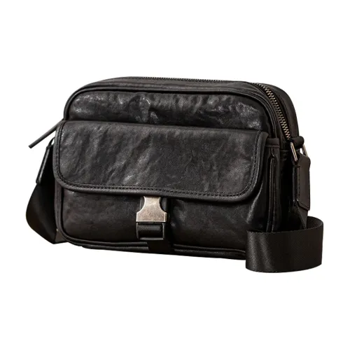Back Step Top Grain Cow Leather Shoulder Bag Crossbody Bag Unisex Black