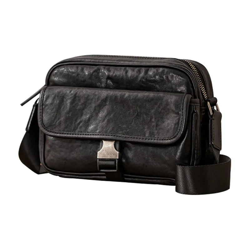 Back Step Top Grain Cow Leather Shoulder Bag, Crossbody Bag Unisex Black-0
