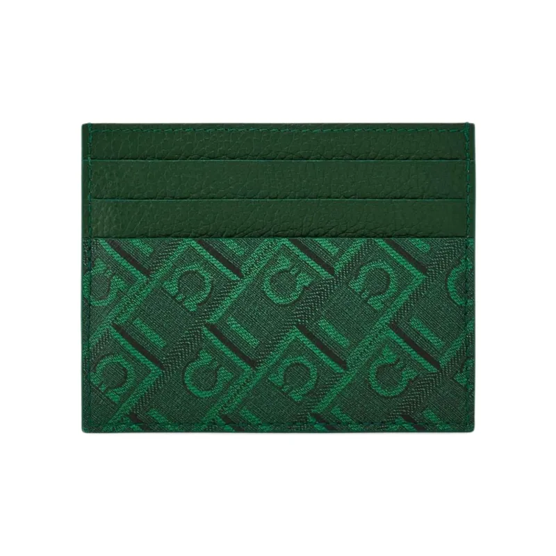 FERRAGAMO Hammered Calfskin With Coated Fabric Card Holder Men's Green Forest-1