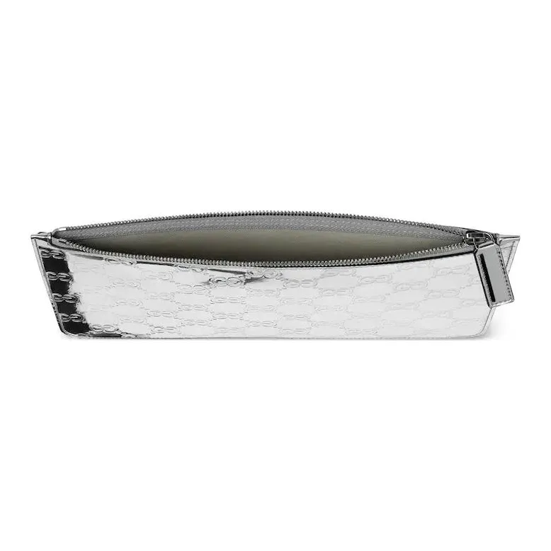 GUCCI Silver Mirror Finish Effect Fabric Clutch Large Size Men's Silver-4