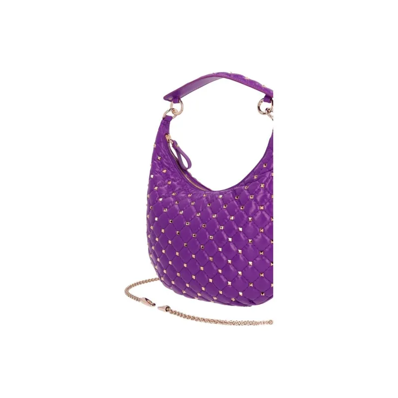Valentino ROCKSTUD SPIKE Calfskin Hobo Bag One Shoulder Handbags Small Size Women's Purple-2