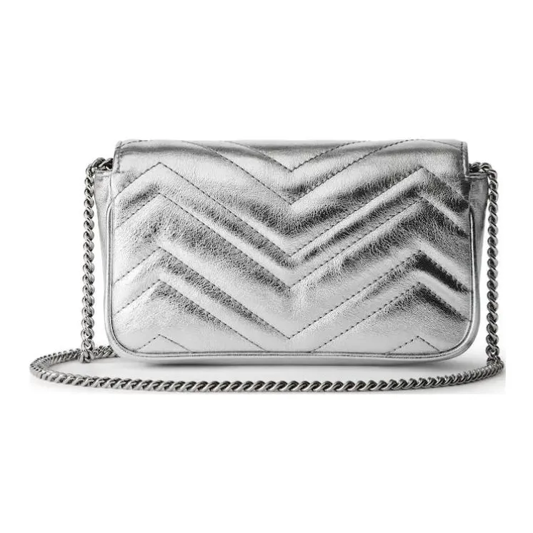 GUCCI Leather Shoulder Bag, Crossbody Bag Mini Women's Silver-3