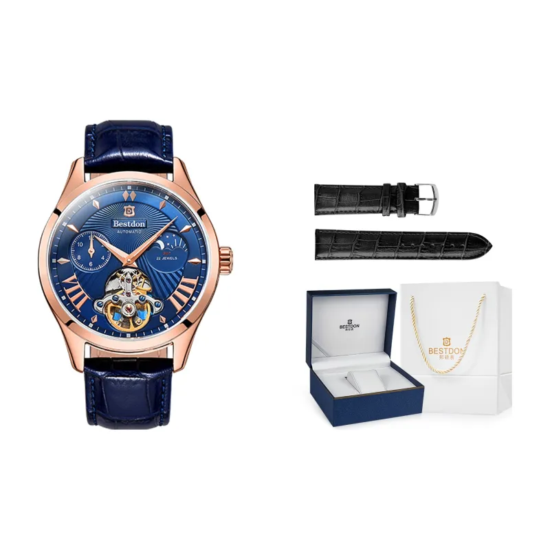 Bestdon Automatic Mechanical Movement Genuine Leather Strap Men's Watches Black Dial-6
