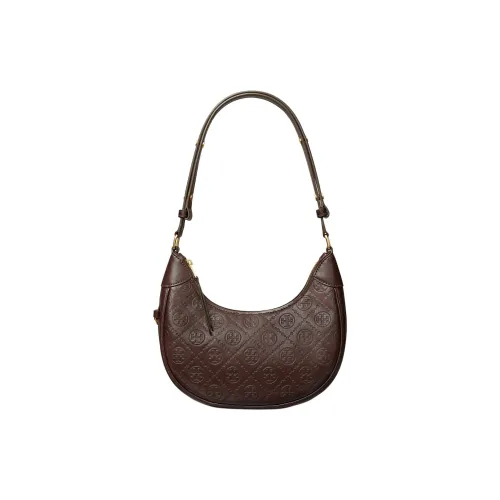 TORY BURCH T Monogram Leather New Moon Shape Handbag, Shoulder Bag Women's Dark Chestnut