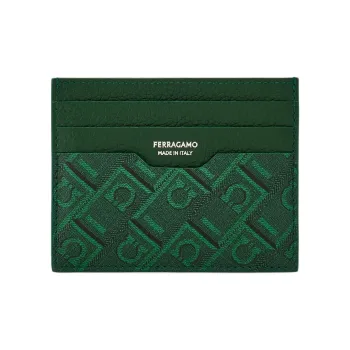 FERRAGAMO Hammered Calfskin With Coated Fabric Card Holder Men's Green Forest