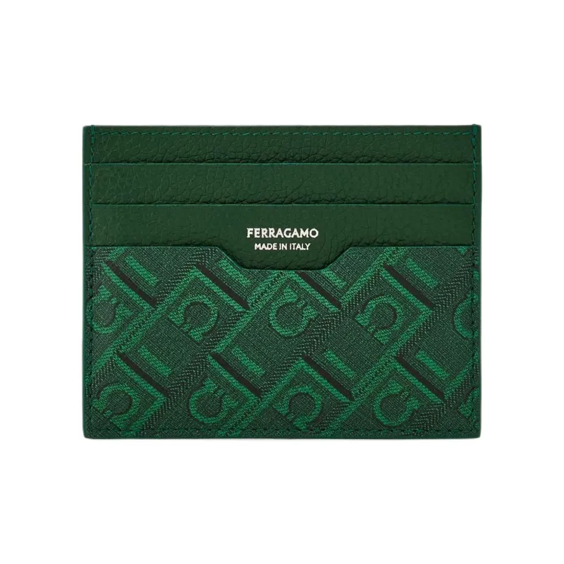 FERRAGAMO Hammered Calfskin With Coated Fabric Card Holder Men's Green Forest-0