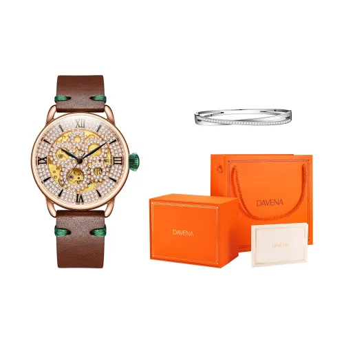 DAVENA Dotted Eye Collection Mechanical Movement Genuine Leather Strap Watch Women's Watch Cut Out Dial