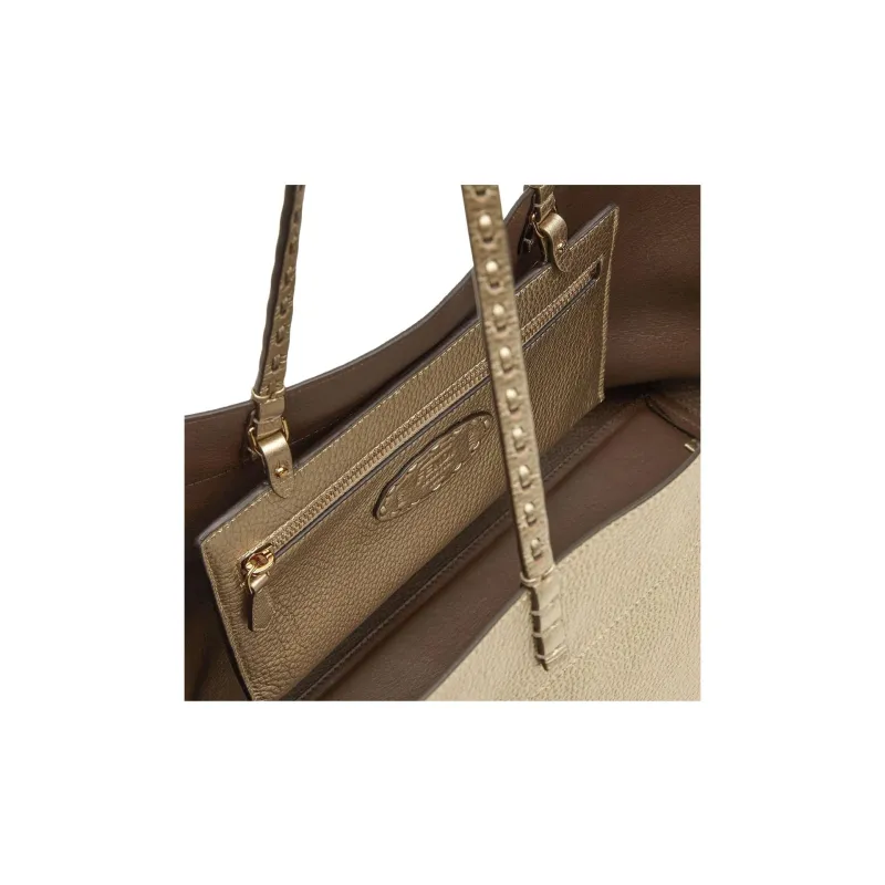 FENDI Calfskin Tote Bag Shopping Bag Handbag Medium Size Women's Champagne-4