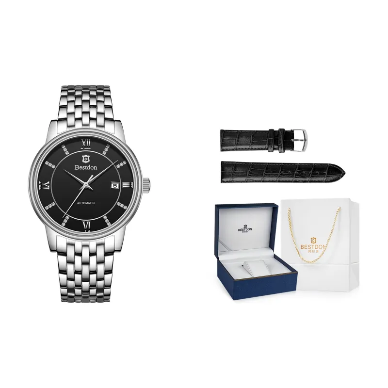 Bestdon Automatic Mechanical Movement Stainless Steel Watchband Men's Watches Black Dial-0